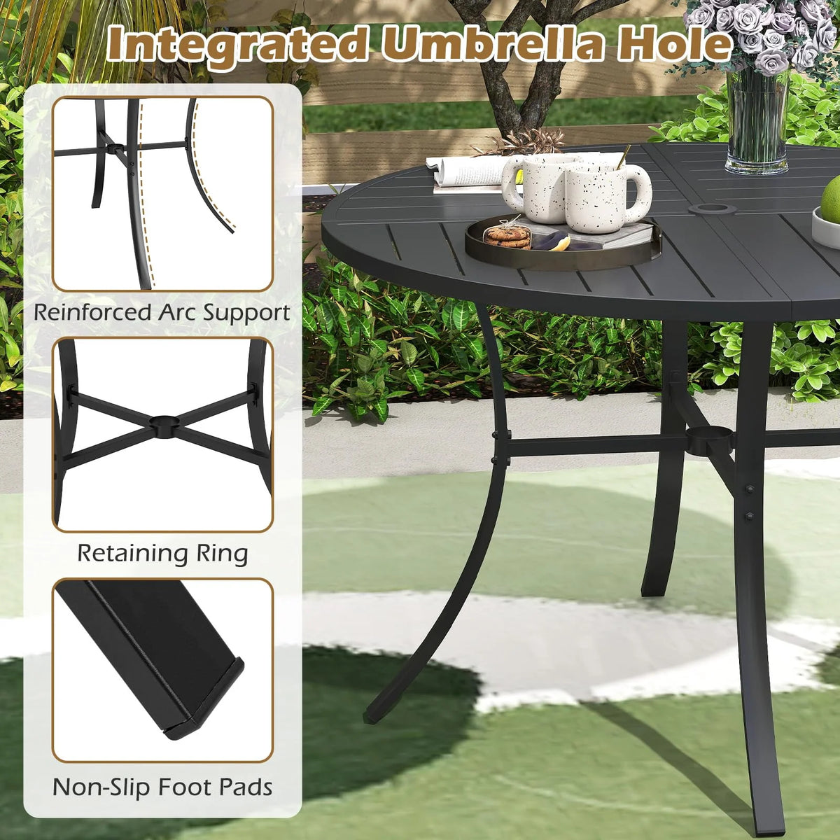 Tangkula 5 Pieces Patio Dining Set Outdoor Round Table and Stackable Chairs with Umbrella Hole
