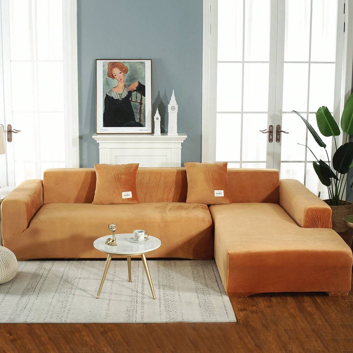 L Shape Sectional Sofa Cover 2-Piece Couch Cover Soft Velvet Elastic Stretch Sofa Slipcover For 3 Seater + 4 Seater Sofa Furniture Protector Couch Stretch L Shape Sofa Slipcover With 4Pcs Pillowcases