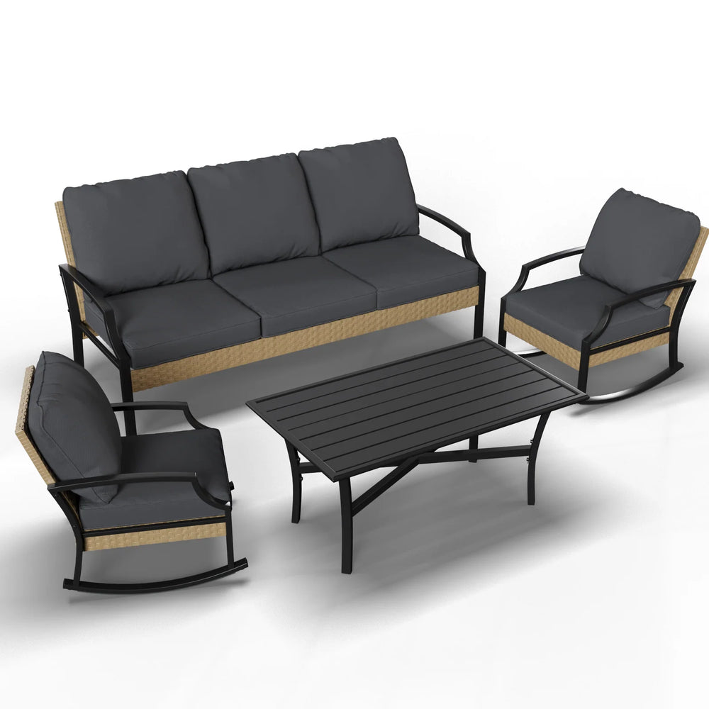 AECOJOY Outdoor Patio Furniture Set with Rocking Chair, 4 Piece Rattan Conversation Bistro Set with Coffee Table, Gray